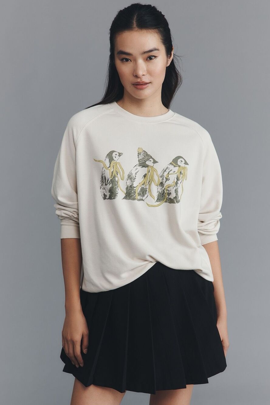 Anthropologie Maeve Animal Friends Crew Neck Pullover Hoodie Sweatshirt M NEW